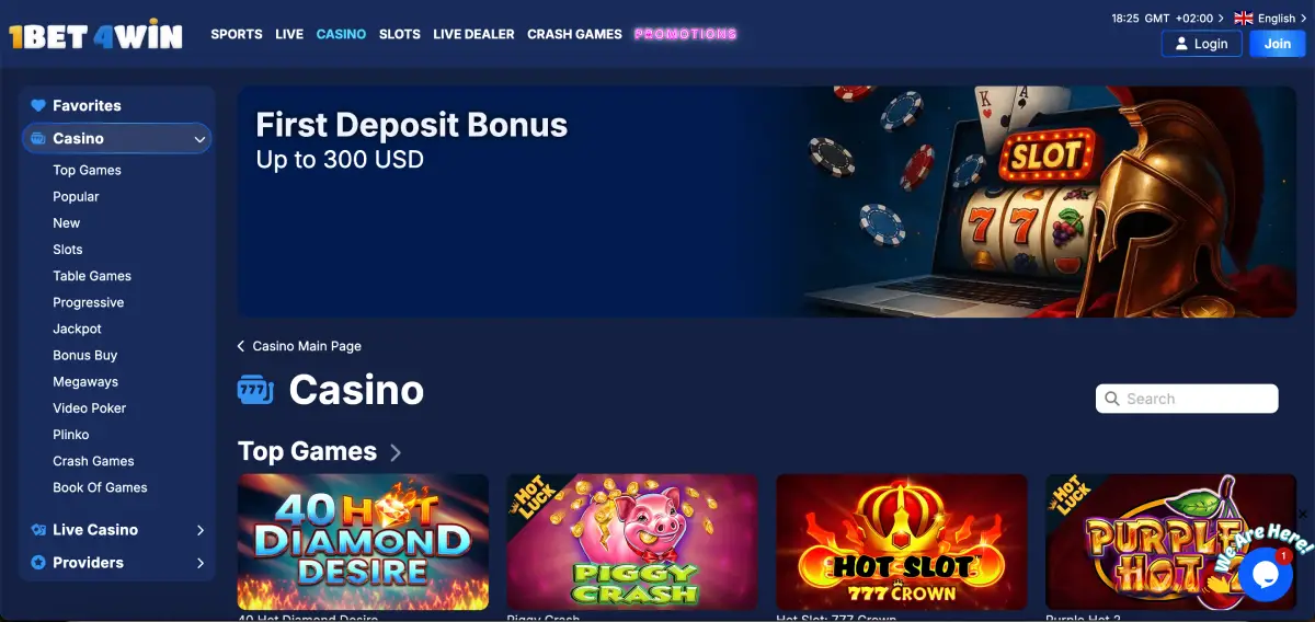 1Bet4Win Casino homepage with welcome bonus banner and categories