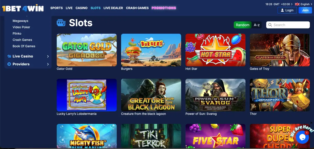 1Bet4Win lobby showing slots and crash games grid