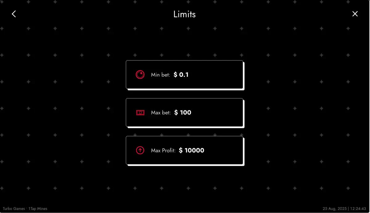 1Tap Mines bet limits from $0.10 to $100