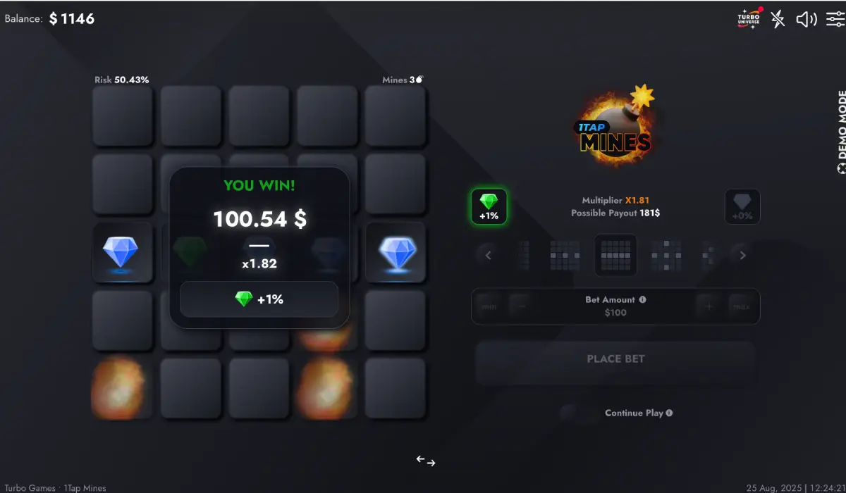 1Tap Mines blue green and gold diamond effects