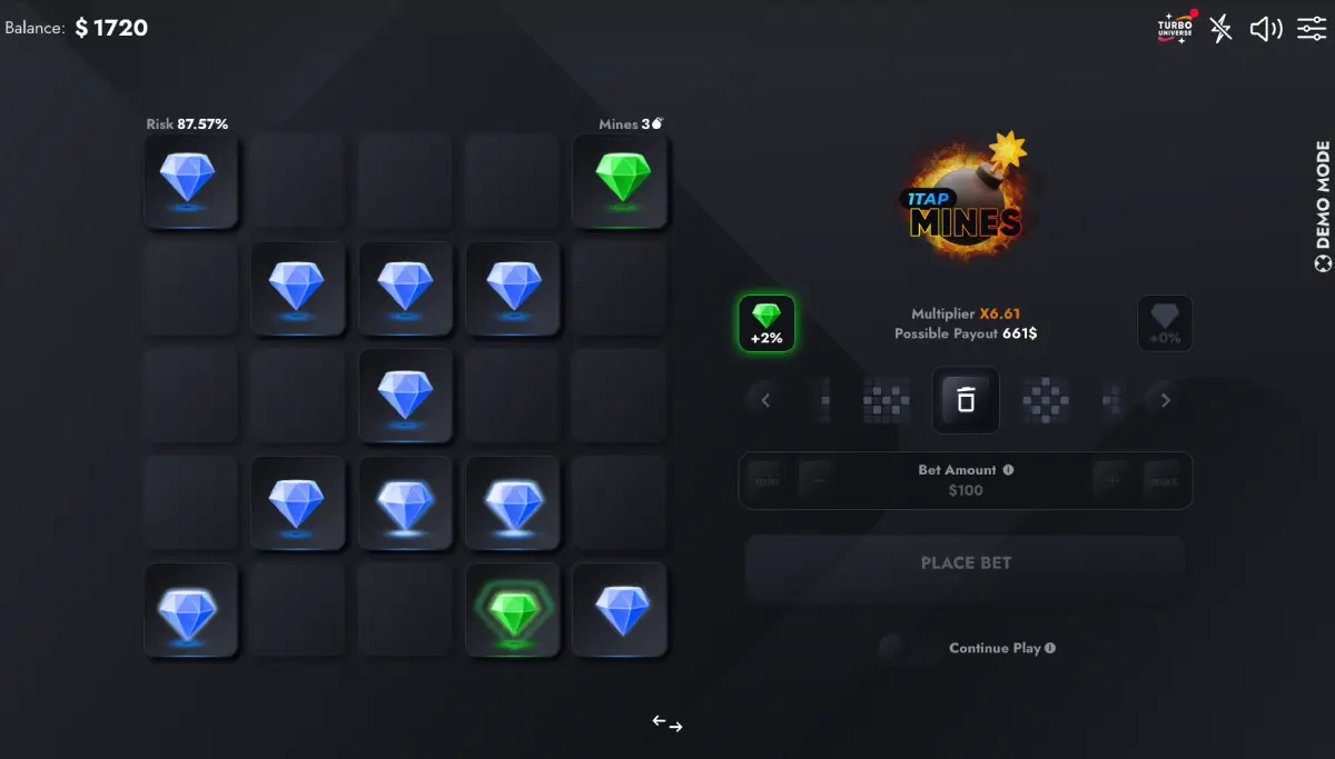 1Tap Mines preset patterns with risk indicators