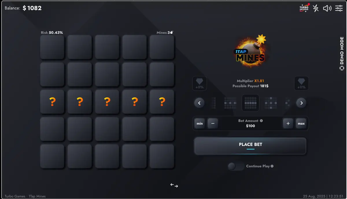 1Tap Mines Turbo Games slot with one-tap pattern reveals