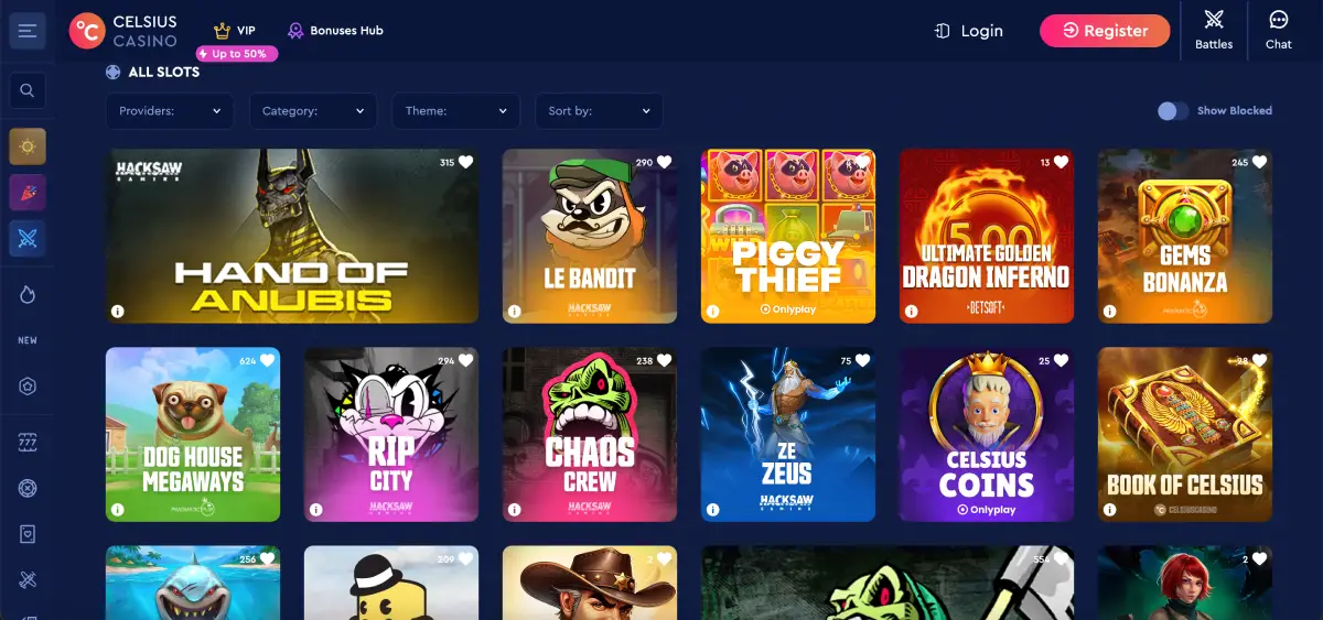 Celsius Casino lobby with popular games and filters Celsius Casino lobby with popular games and filters