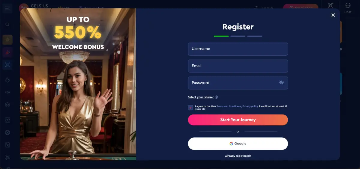 Celsius Casino registration form with username email and password Celsius Casino registration form with username email and password