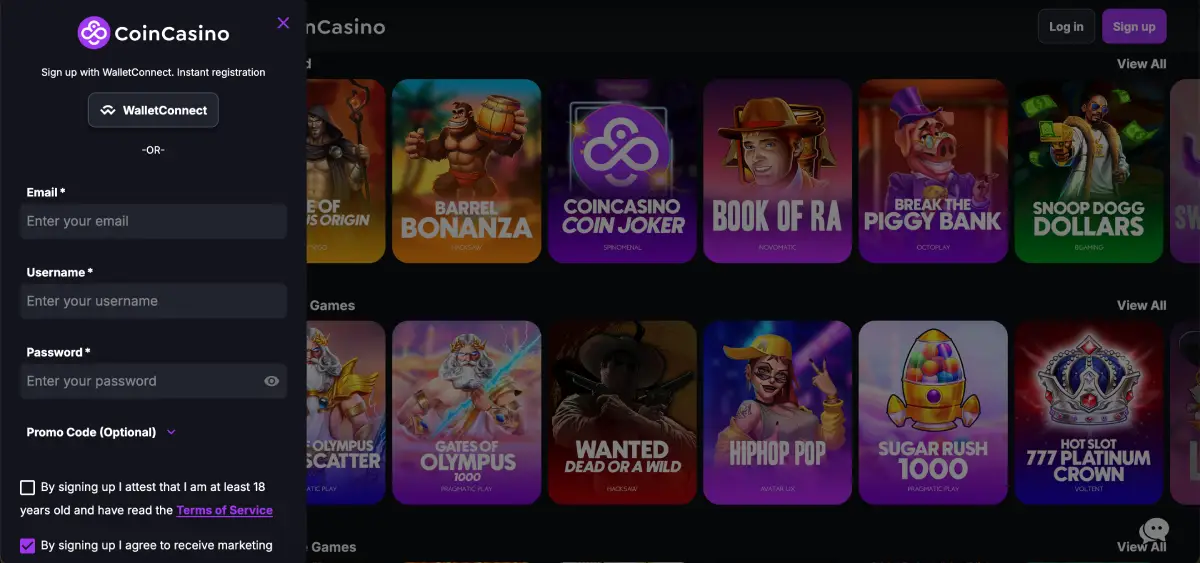 CoinCasino sign up panel with WalletConnect and email registration CoinCasino sign up panel with WalletConnect and email registration