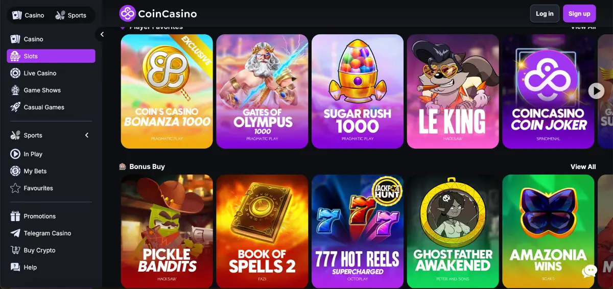 CoinCasino slots lobby with featured games and categories CoinCasino slots lobby with featured games and categories