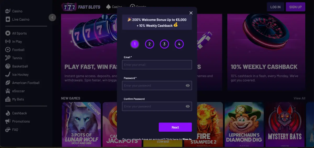 Fast Slots multi-step registration form email and password