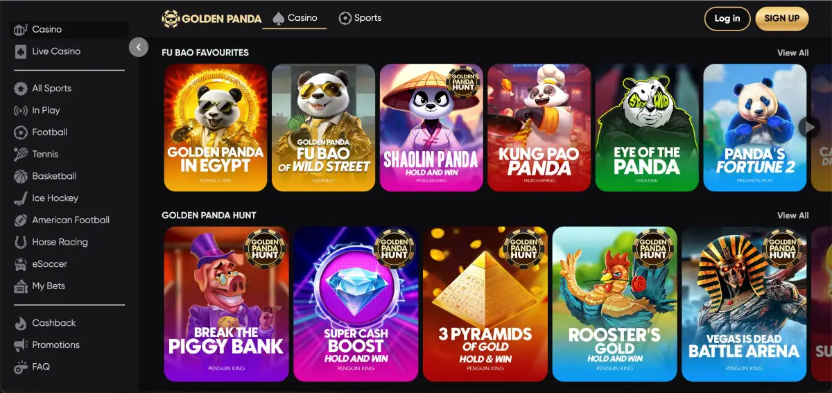 Golden Panda casino lobby with categories and filters