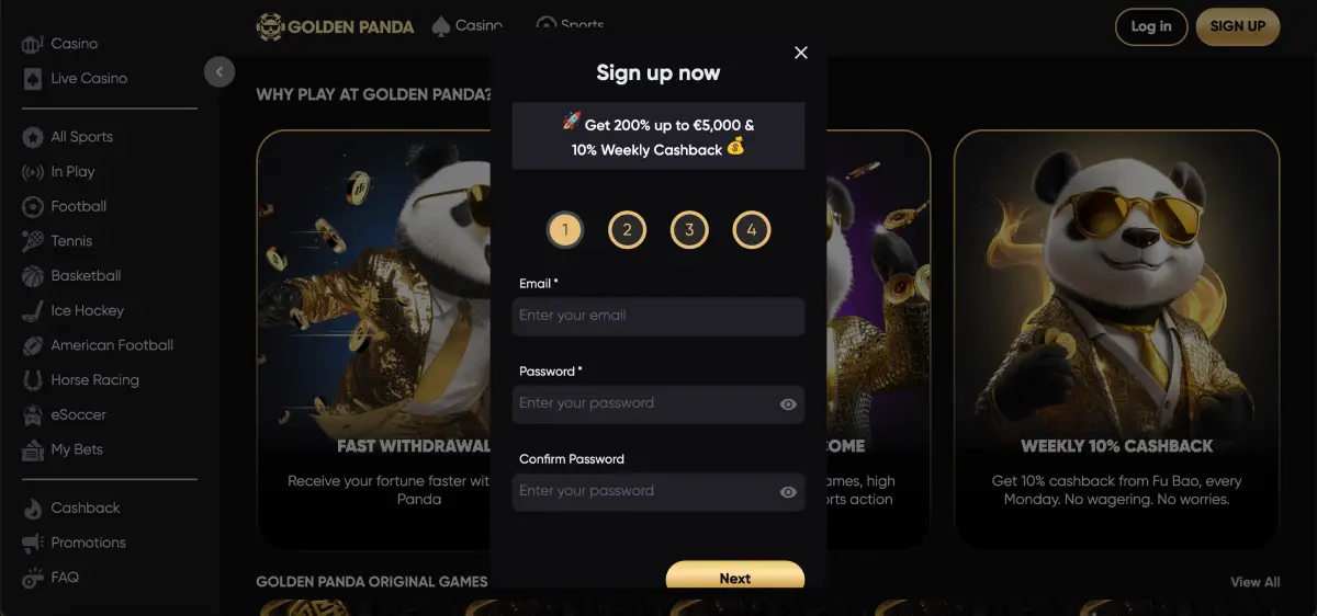 Golden Panda multi-step registration with email and password