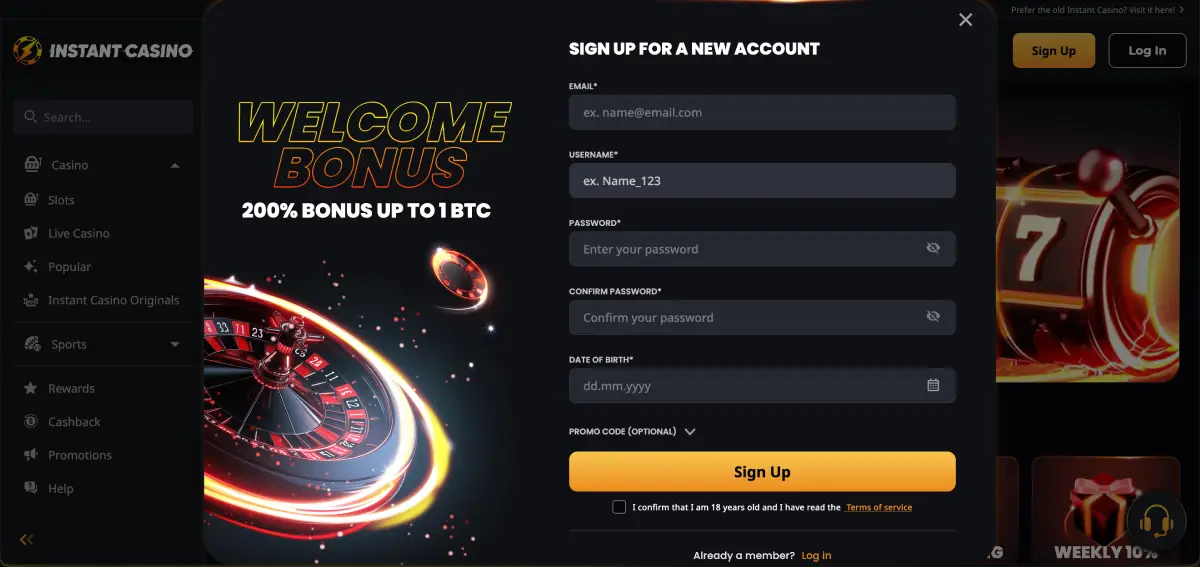 Instant Casino registration form with email and DOB fields Instant Casino registration form with email and DOB fields