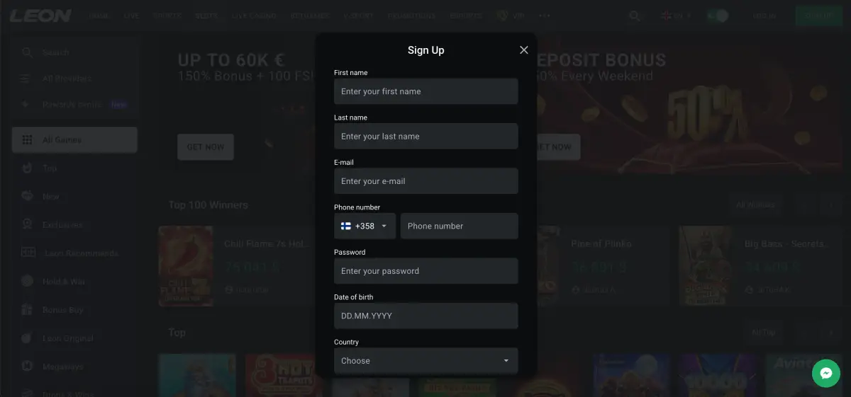 Leon Bet registration steps with email or phone
