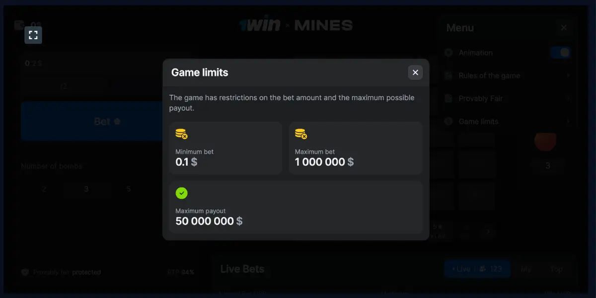 Mines 1Win bet limits from $0.10 to $100 per round