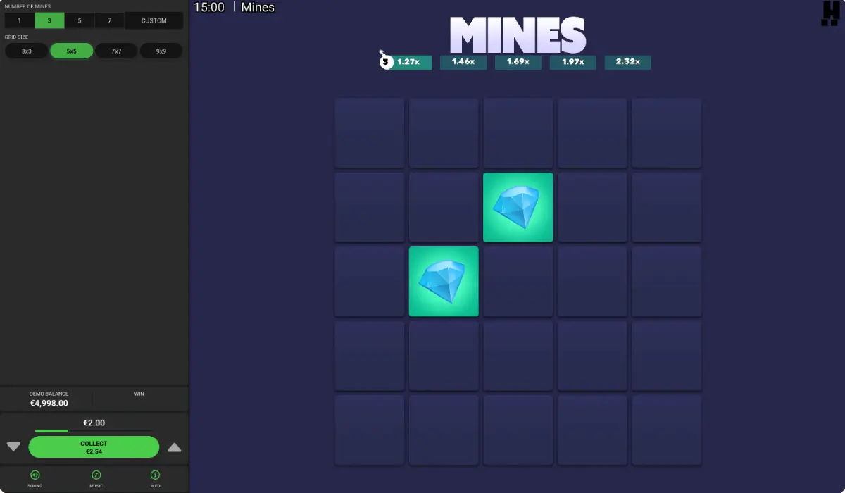 Mines by Hacksaw bet limits from $0.20 to $1,000 per round