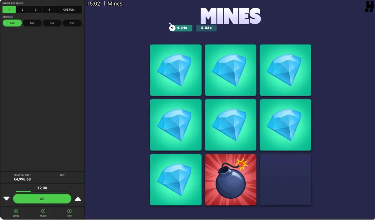 Payouts in Mines by Hacksaw based on multiplier and stake