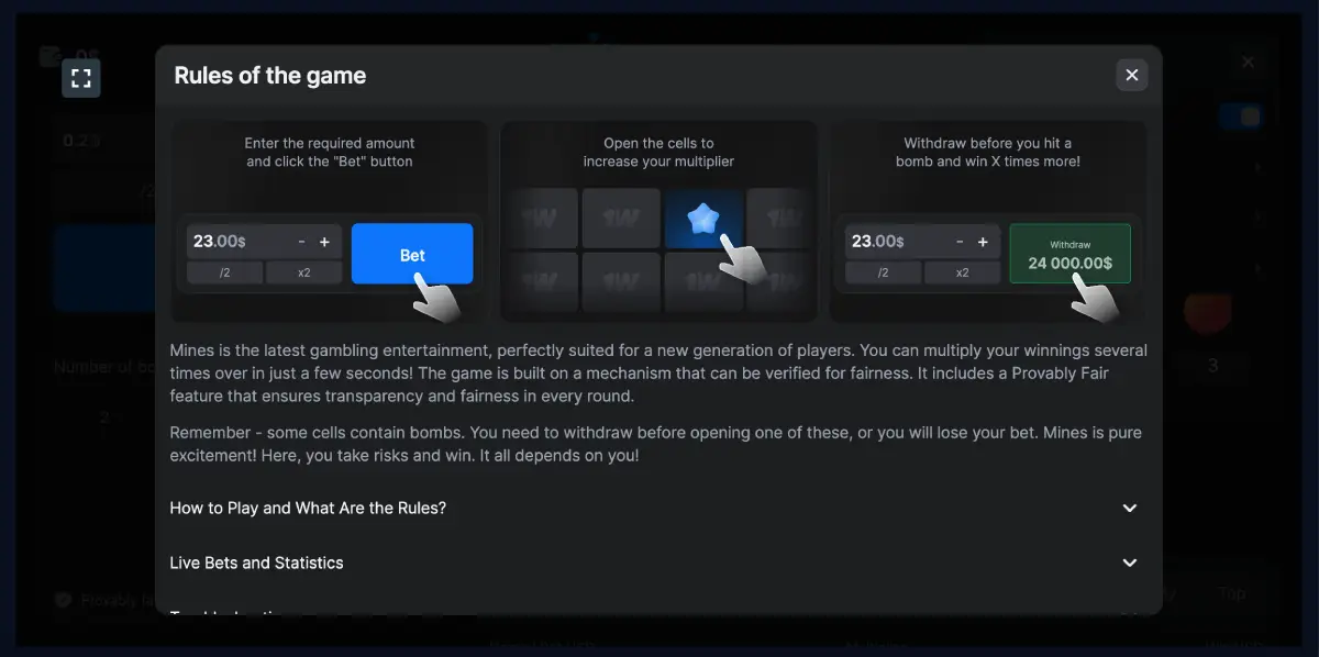 Mines 1Win RTP 96 percent and medium volatility