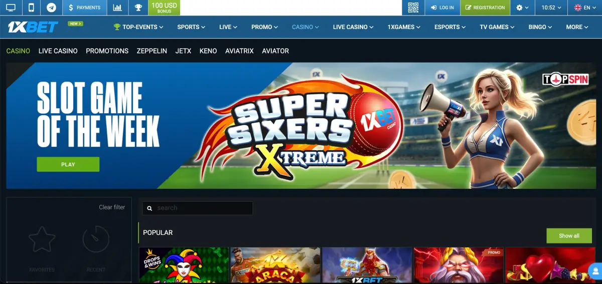 Mines 1xBet overview with license and game catalog