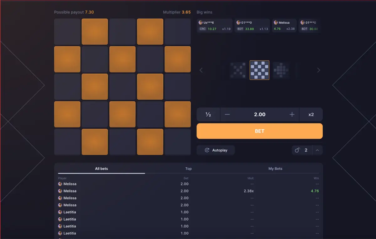 Mines Blast bet table showing all bets, top wins, and personal bets