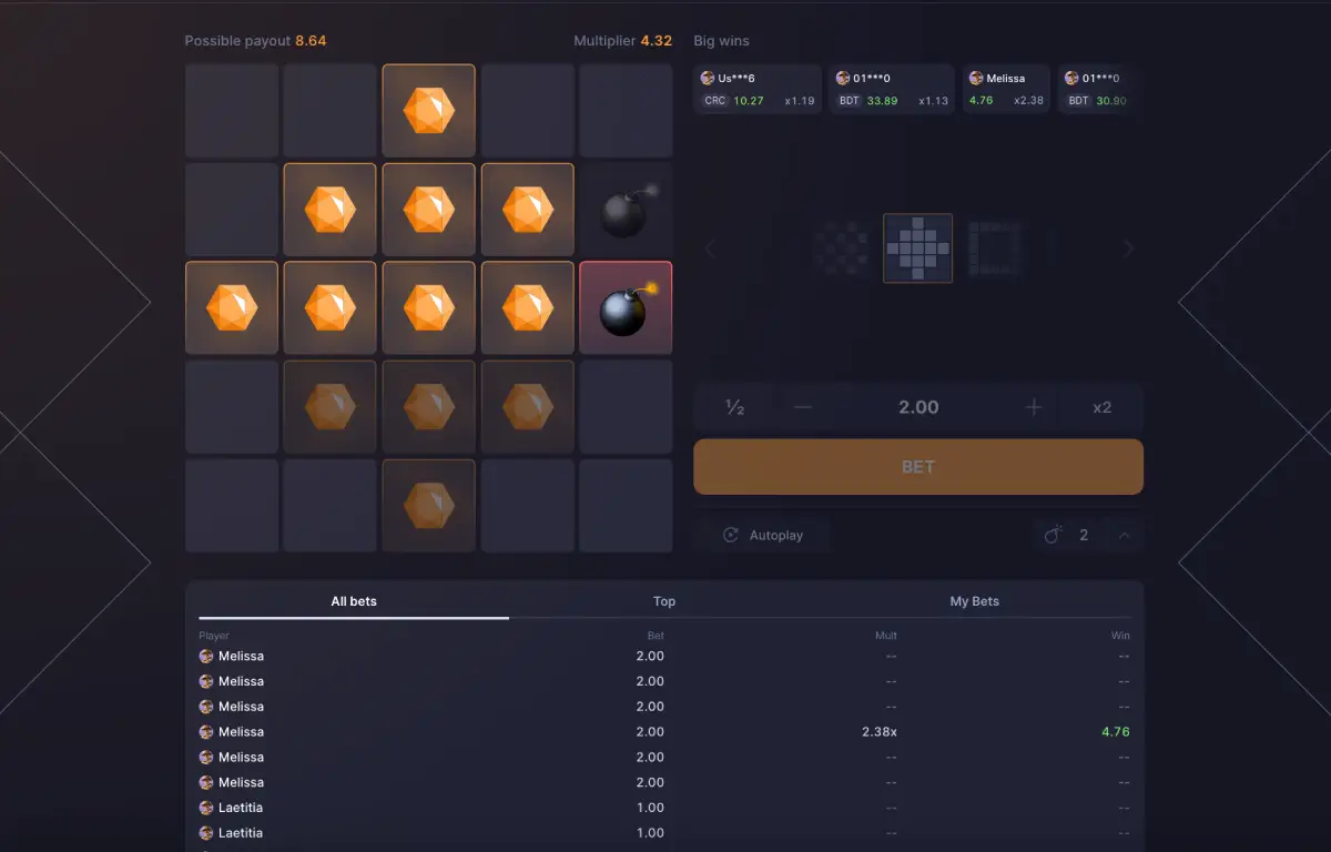 Mines Blast interface with big wins ticker from other players