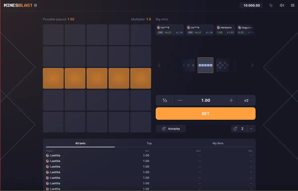 Mines Blast 5x5 grid with selectable tiles and multipliers