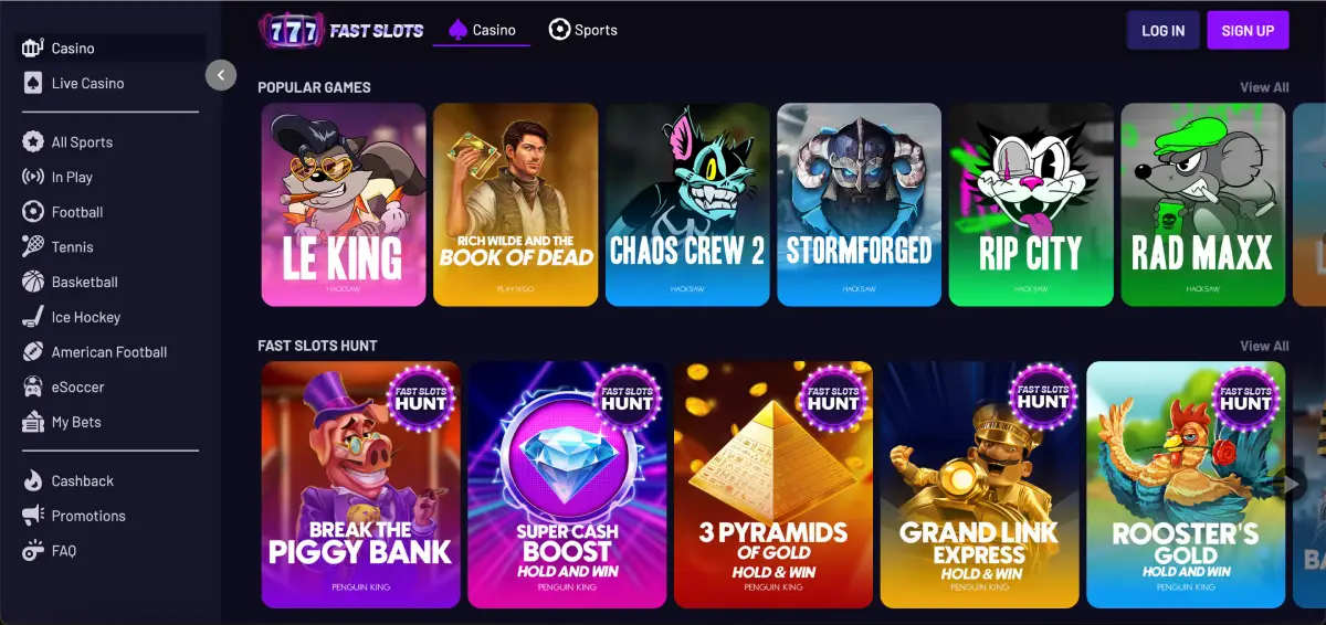 Fast Slots lobby with popular titles and providers