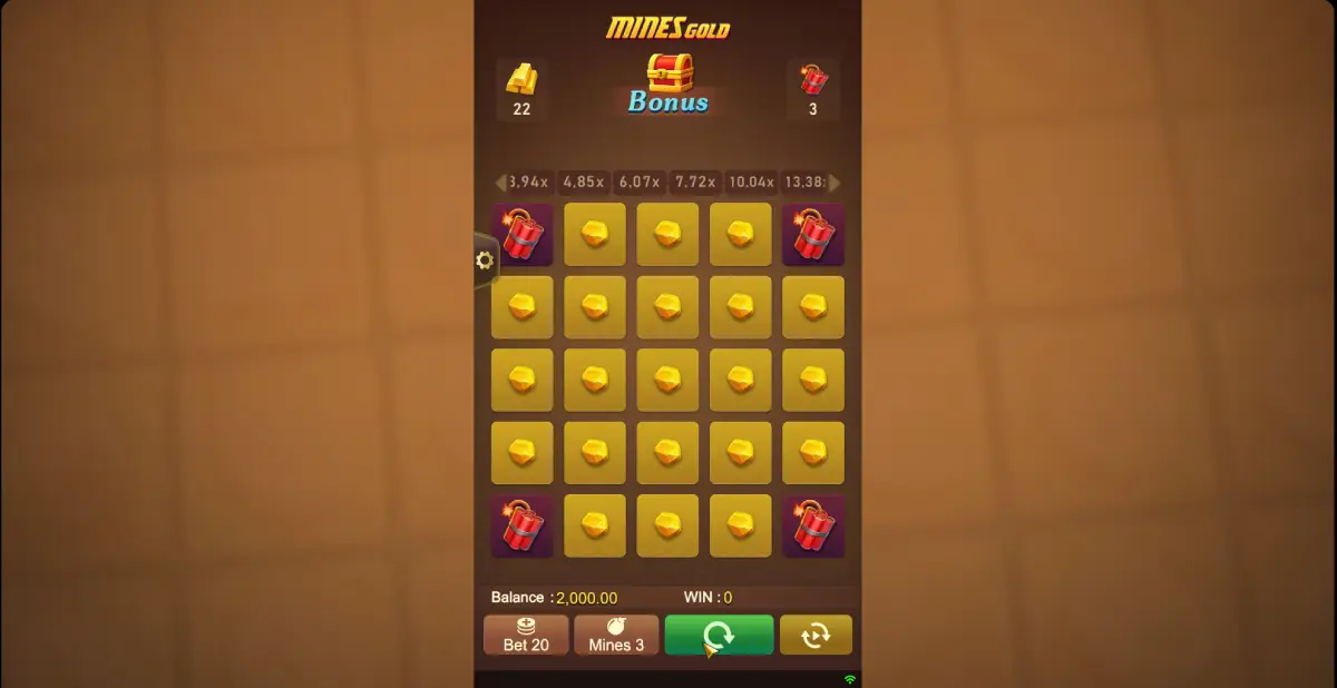 Mines Gold slot 5×5 grid with gold and dynamite tiles