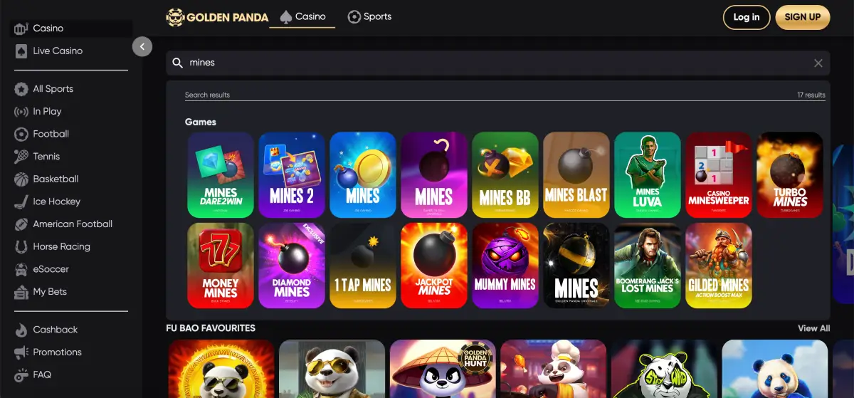 Mines Golden Panda search results showing multiple mines titles