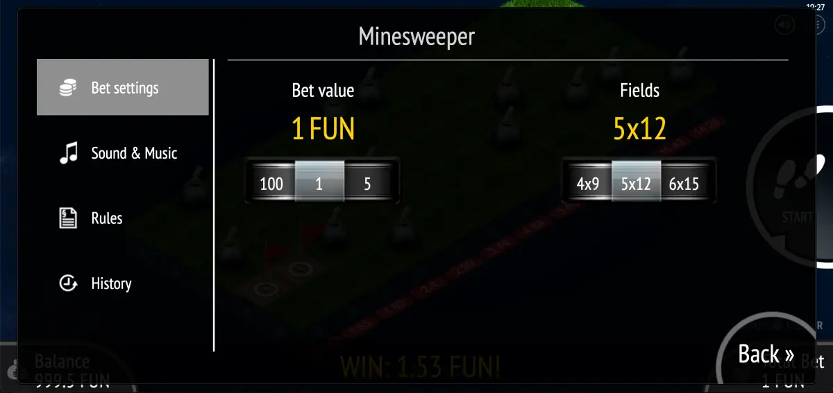Minesweeper BGaming grid sizes 2×3, 3×6, 4×9, 5×12, 6×15