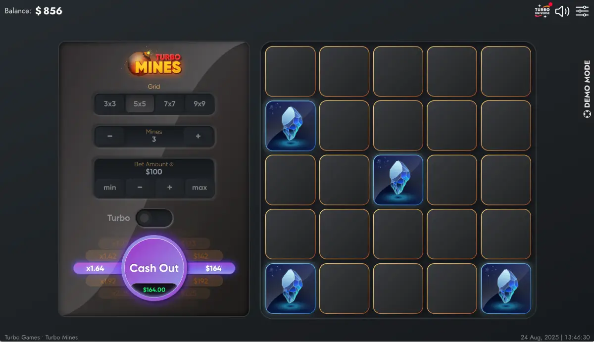 Minimum and maximum bet limits in Turbo Mines slot