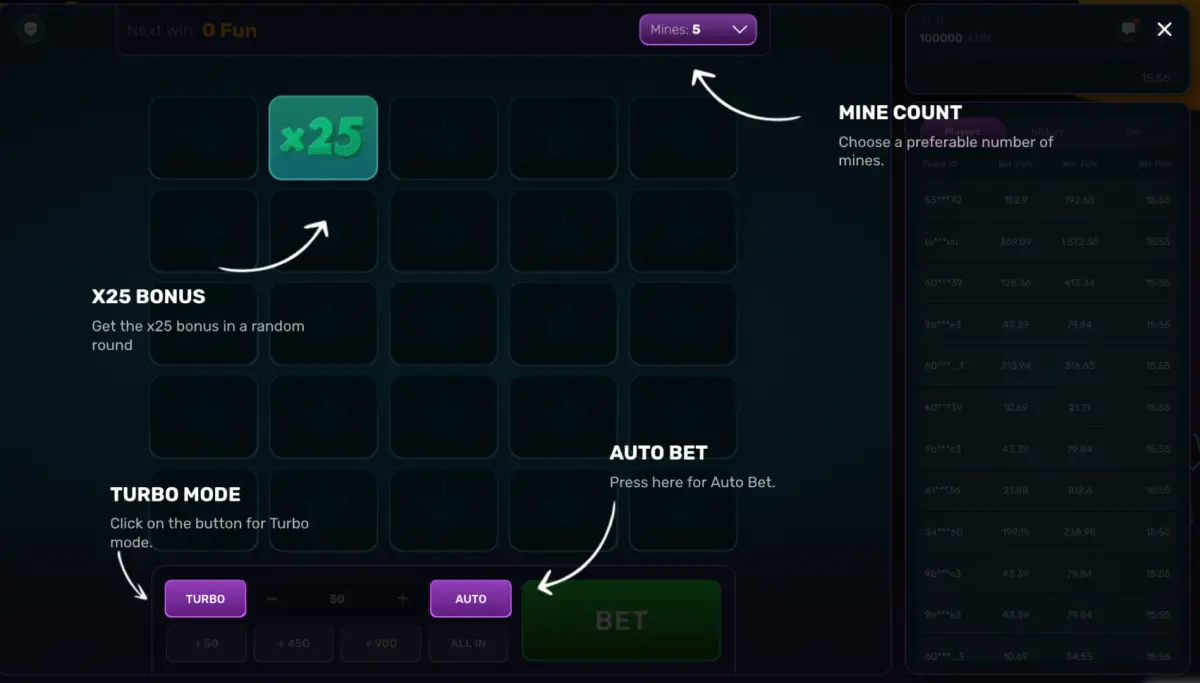 Turbo Mines Galaxsys slot autobet with stop conditions