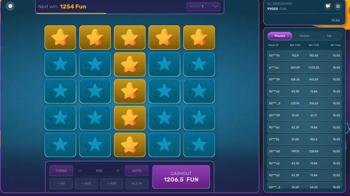 Turbo Mines Galaxsys slot 5×5 grid with adjustable mines