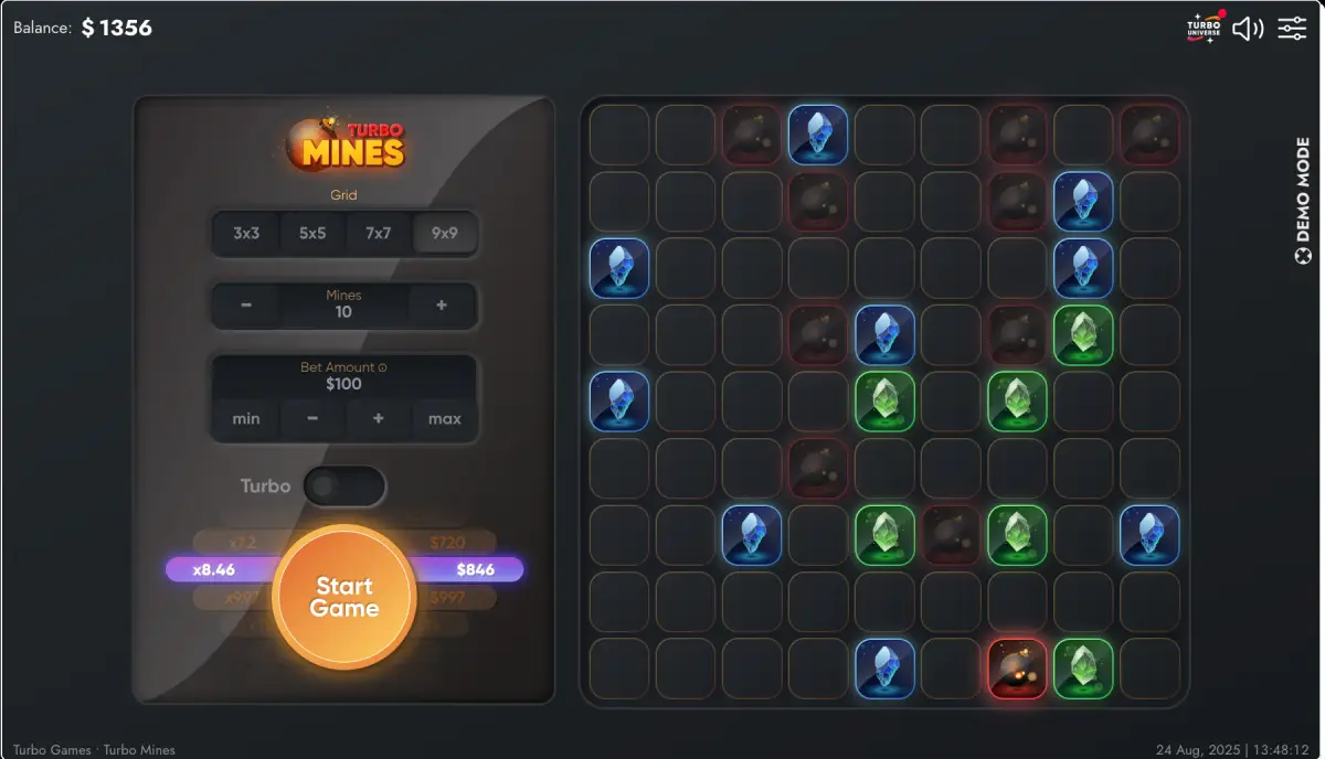 Key features of Turbo Mines crash slot from Turbo Games