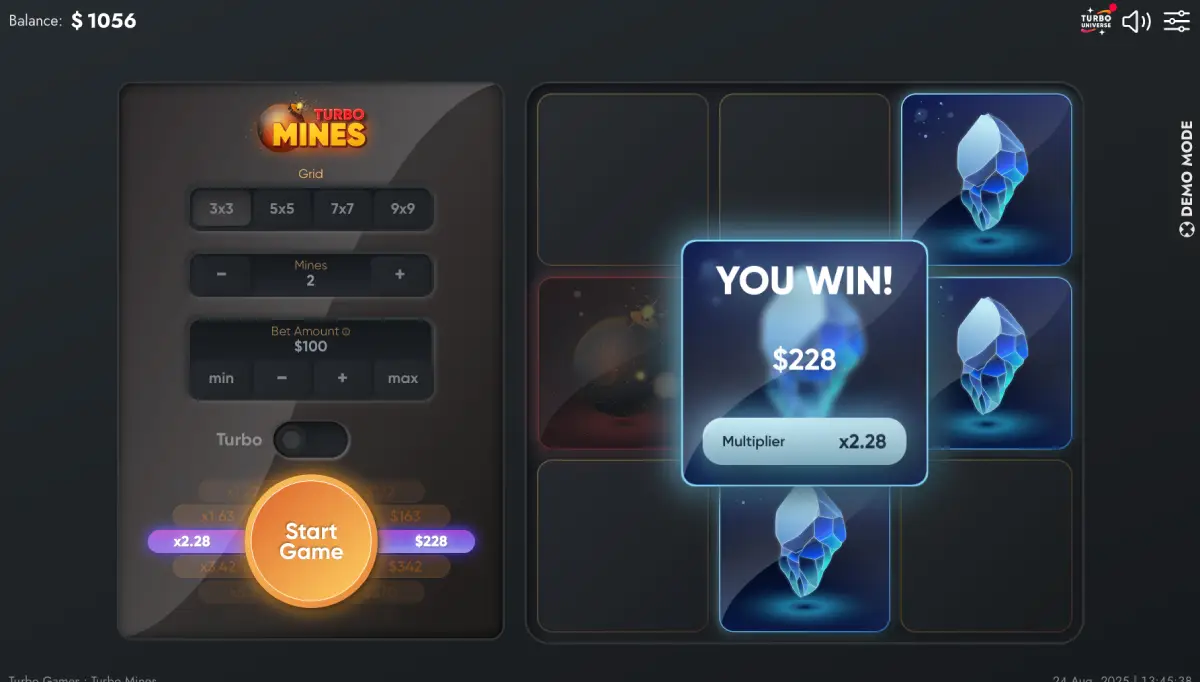 Rules of Turbo Mines crash slot and game parameters