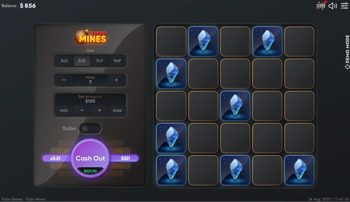 Symbols in Turbo Mines slot including bombs and diamonds