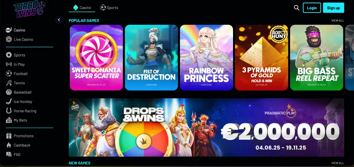 Turbo Wins lobby showing popular slots and instant games